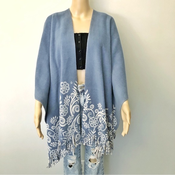 Marina Luna Boho Pattern with Fringe Pastels Blue Fleece Cape poncho Cardigan. - Picture 1 of 10